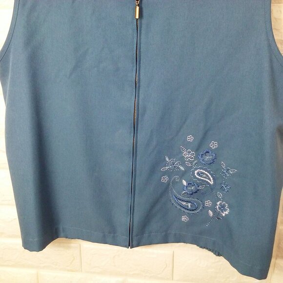 Alfred Dunner Floral Embroidered Cotton Ramie Rib-Knit Vest -16 Zipper Collar - Picture 3 of 10